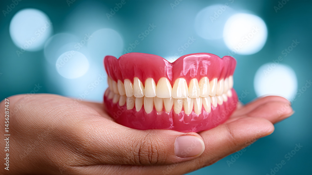Obraz premium Hand presents set of dentures showcasing teeth replacement options for a healthy smile solution.
