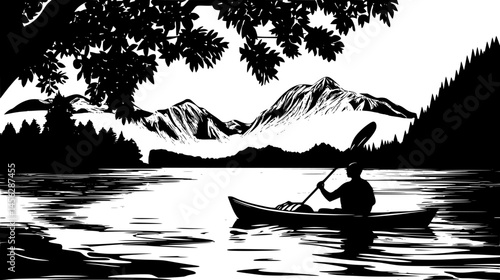 Kayaker Paddling Through Calm Lake Waters, vector design