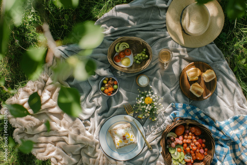 A cozy picnic setup on a blanket with various fruits, bread, and drinks in a sunny, green outdoor setting.