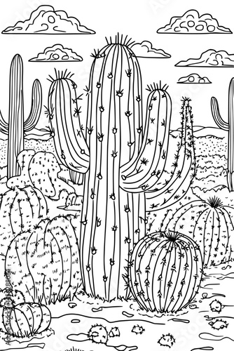 Lone Cactus Under Open Space, coloring book style, vector design