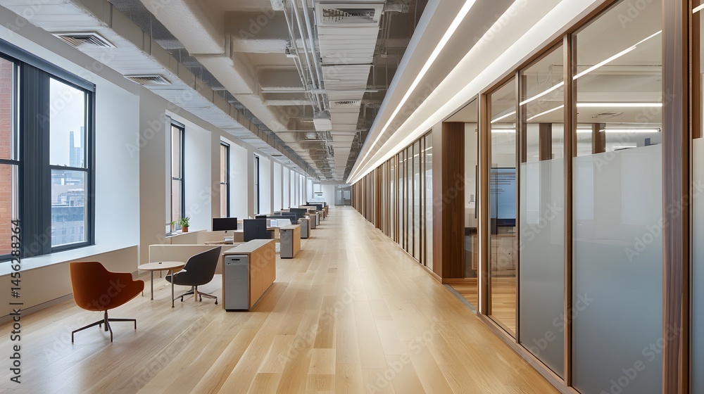 Modern office corridor with natural light and wood floors. Modern office corridor with natural light and wood floors.