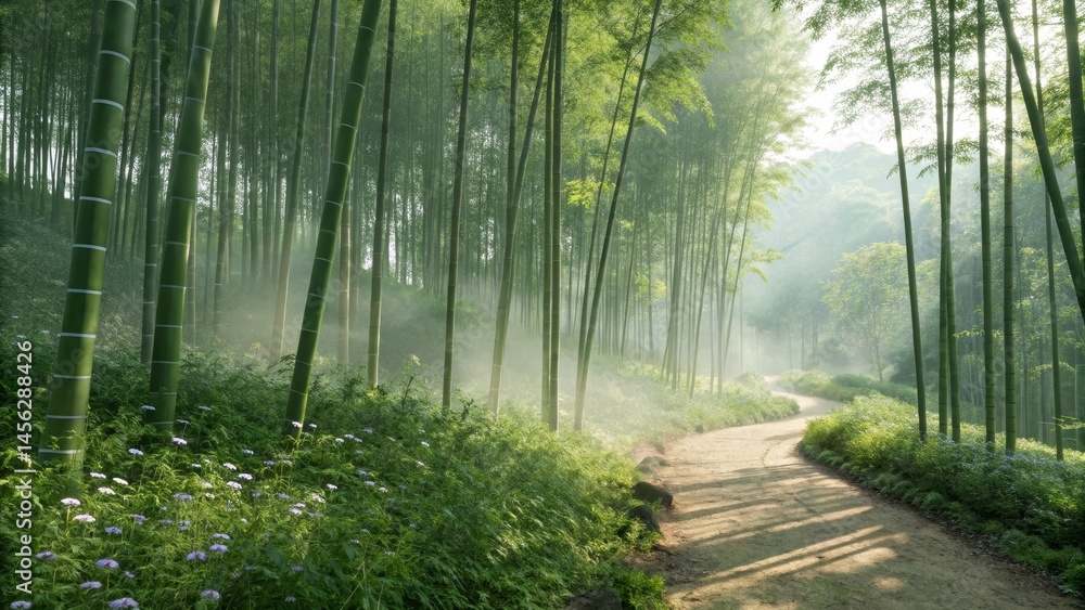 Fototapeta premium Misty Bamboo Forest Path Landscape Photography, Winding Trail, Sunbeams, Lush Greenery Bamboo Forest, Landscape Photography