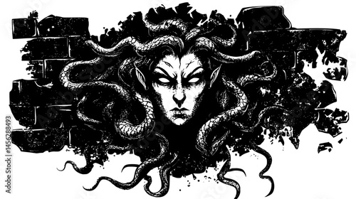 Medusa Hiding In Ruined Temple, vector design