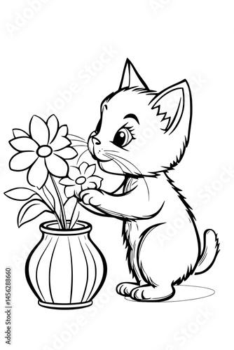 Mischievous Feline Knocking Over Vase, coloring book style, vector design