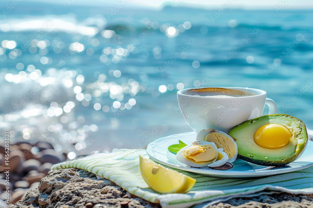 A breakfast plate with avocado and fried eggs, served with coffee, overlooking a beautiful seaside view.
