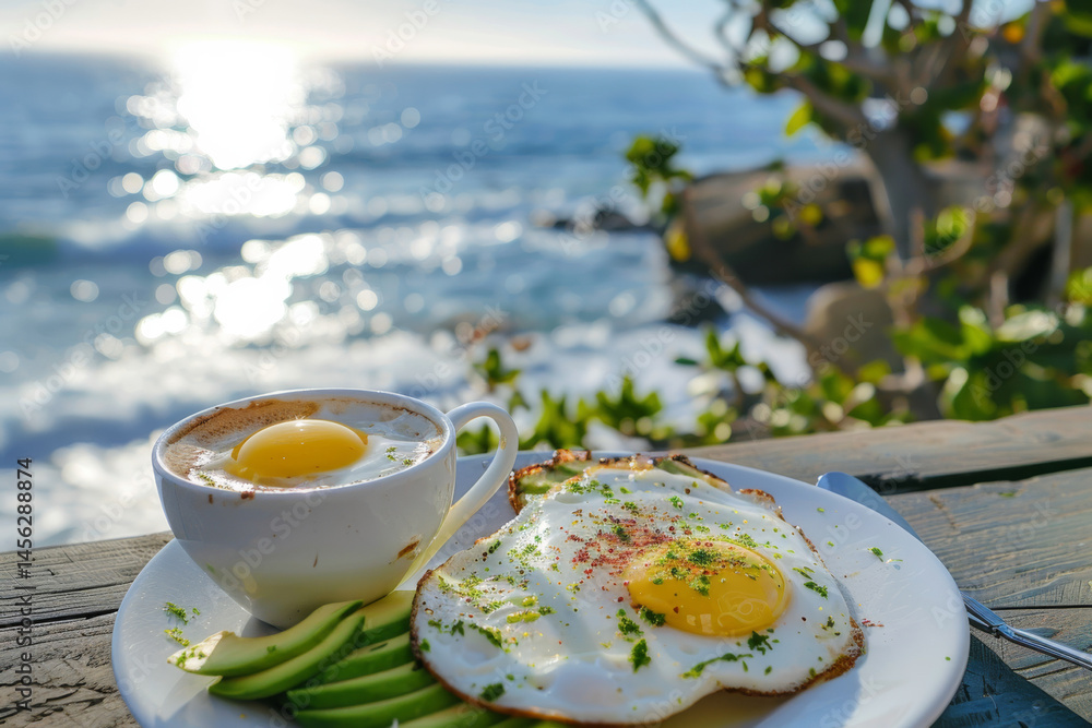 A breakfast plate with avocado and fried eggs, served with coffee, overlooking a beautiful seaside view.