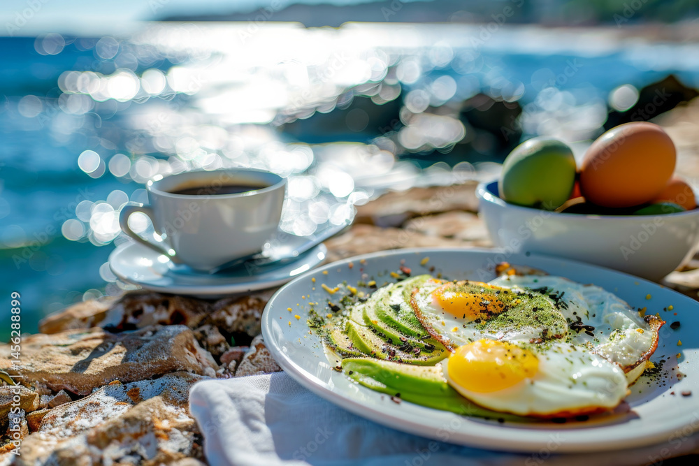 A breakfast plate with avocado and fried eggs, served with coffee, overlooking a beautiful seaside view.