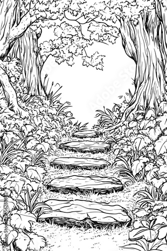 Moss-Covered Path Through Ancient Forest, coloring book style, vector design