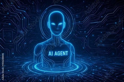 Futuristic AI Agent Interface with Neon Holographic Display and Intricate Circuitry