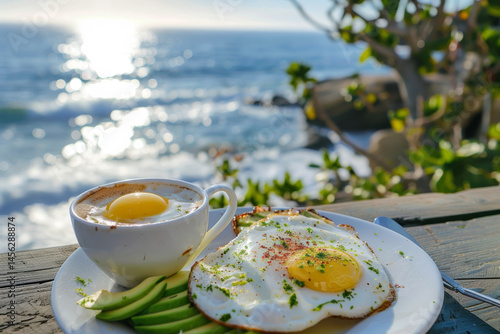 A breakfast plate with avocado and fried eggs, served with coffee, overlooking a beautiful seaside view.