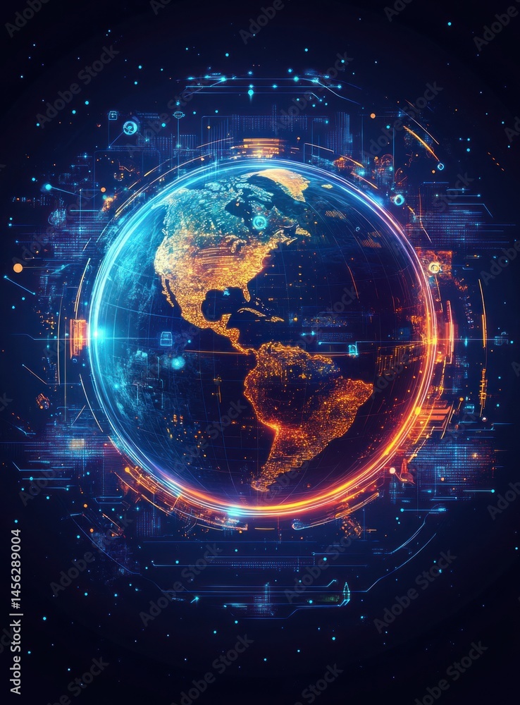 Obraz premium Futuristic Digital Globe with Illuminated North and South America, Highlighting Technology and Connectivity in a Vibrant Design