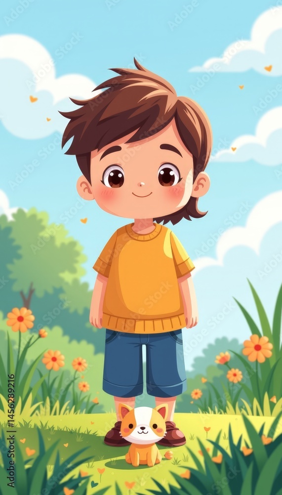 Cheerful Child Character in Sunny Daylight with Cute Cat