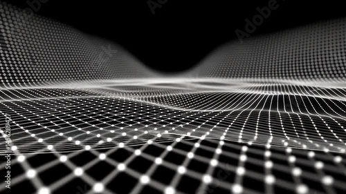 Abstract glowing wireframe wave animation on black background for technology concept