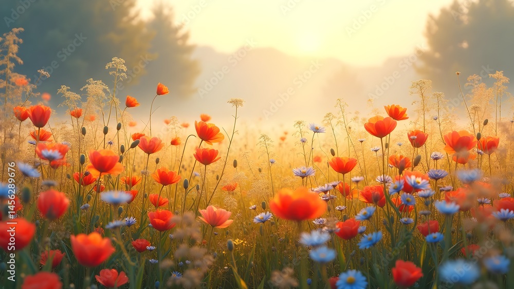 Obraz premium Golden Field of Poppies and Wildflowers at Sunrise in a Beautiful Landscape