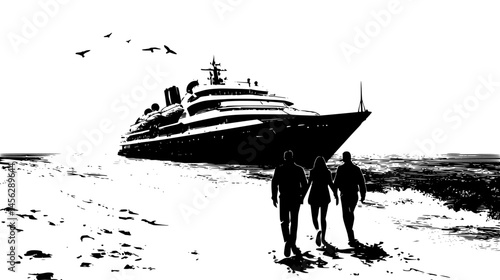 Passengers Disembarking Onto Sandy Shore, vector design