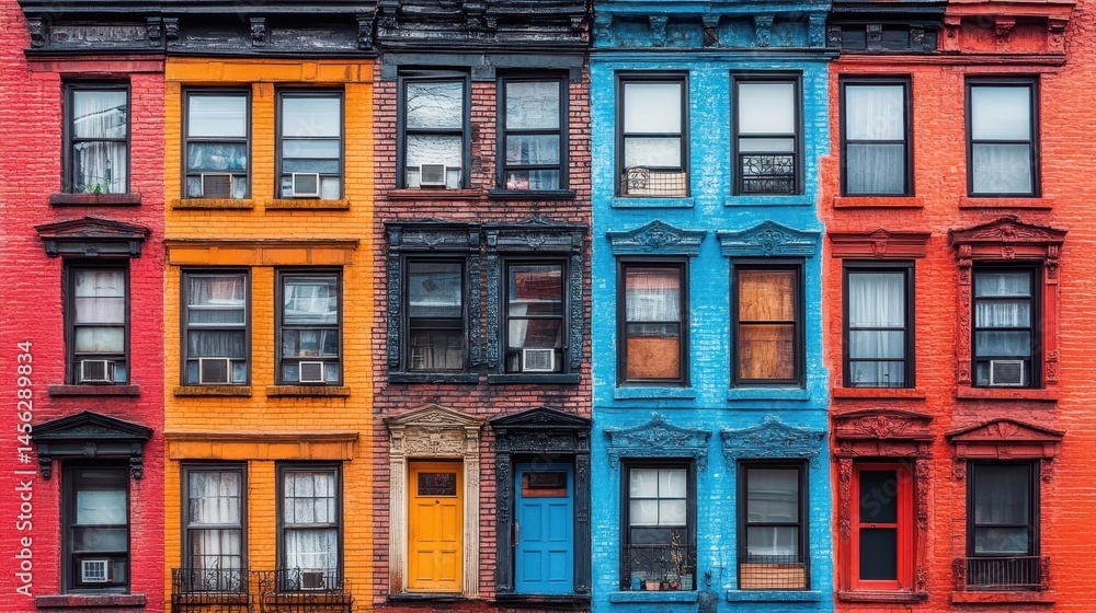 Fototapeta premium Vibrant facades showcase historic brownstones with striking color palettes in urban architecture captivating cityscape building exterior