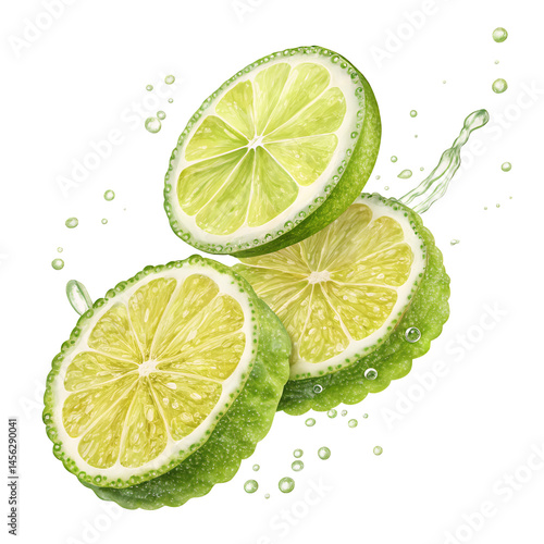 Fresh Bergamot citrus, slice: Dynamic artistic composition showcasing vibrant slices of fresh Bergamot citrus in motion. The bright green and yellow hues. capture its zest, evoking a sense of health.
