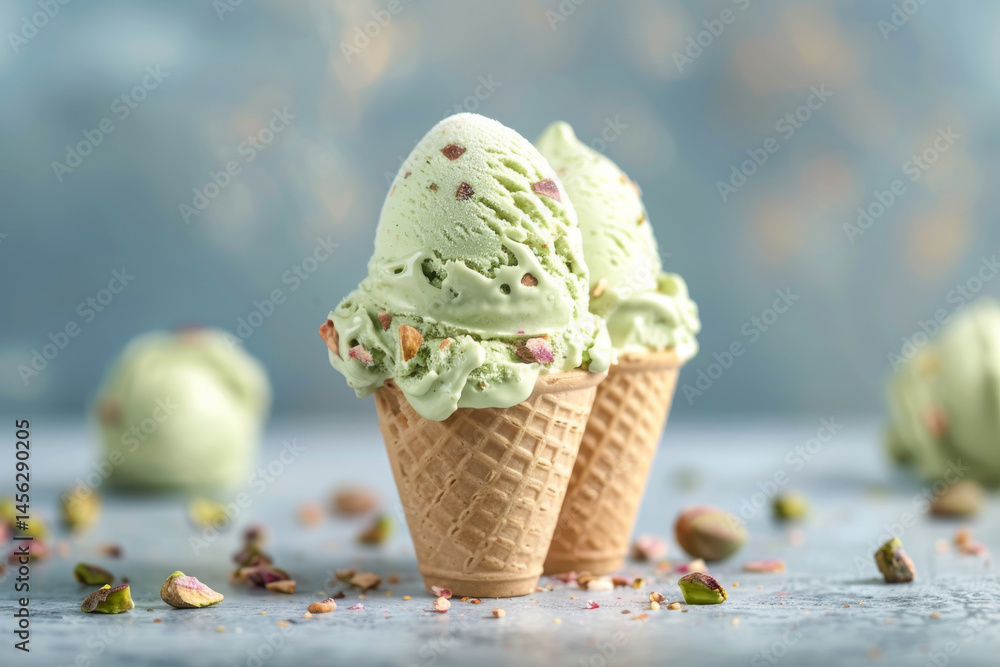 Two pistachio ice cream cones with scattered nuts on a light blue background, showcasing a delicious summer treat.
