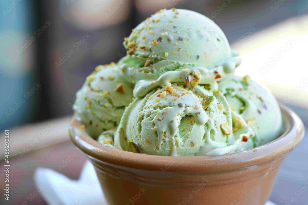 Two pistachio ice cream cones with scattered nuts on a light blue background, showcasing a delicious summer treat.