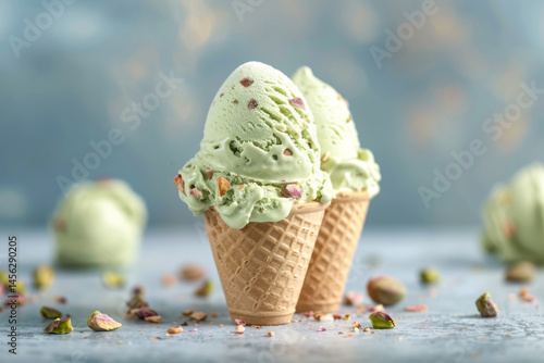 Obraz na płótnie Two pistachio ice cream cones with scattered nuts on a light blue background, showcasing a delicious summer treat. w salonie