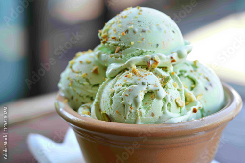 Obraz na płótnie Two pistachio ice cream cones with scattered nuts on a light blue background, showcasing a delicious summer treat. w salonie