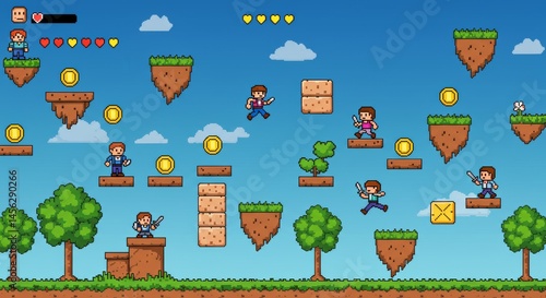 Pixel Art Platformer Game Illustration with Characters, Coins and Fantasy Nature Background