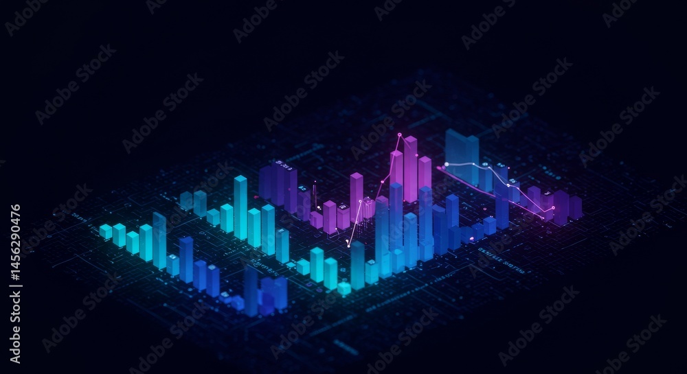 Fototapeta premium Futuristic 3D Data Visualization – Abstract Digital Bar Chart with Neon Gradient on Dark Background