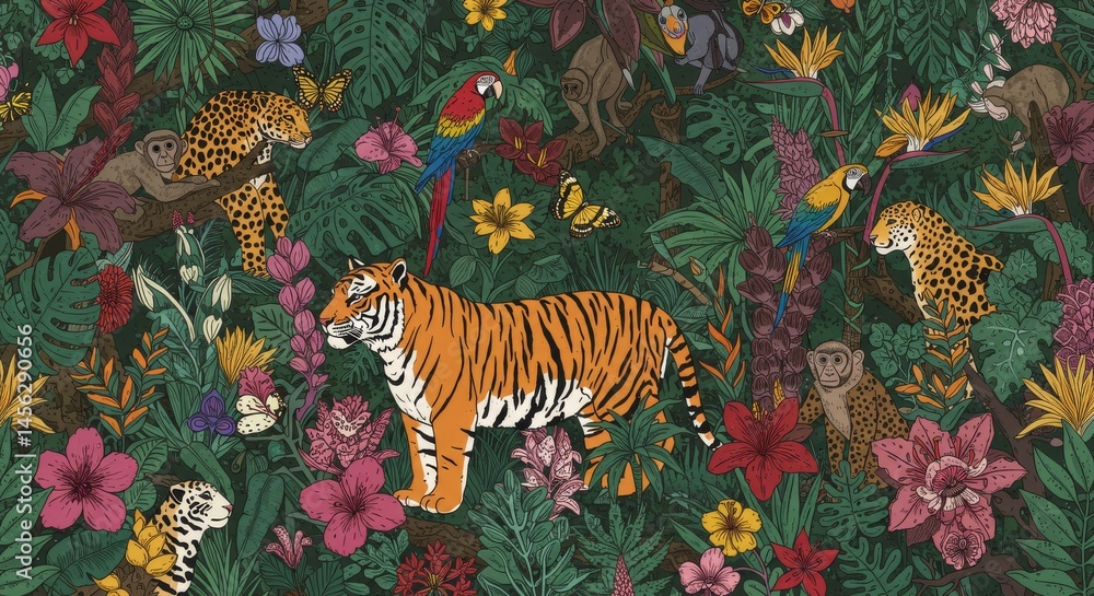 Vibrant Maximalist Jungle Illustration with Exotic Animals and Lush Foliage Vibrant Maximalist Jungle Illustration with Exotic Animals and Lush Foliage