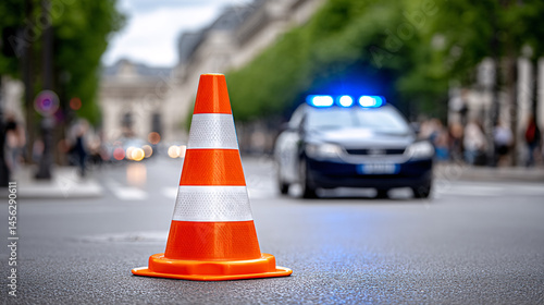 Fototapeta Naklejka Na Ścianę i Meble -  A bright orange traffic cone sits on a city street with a police vehicle in the background.
