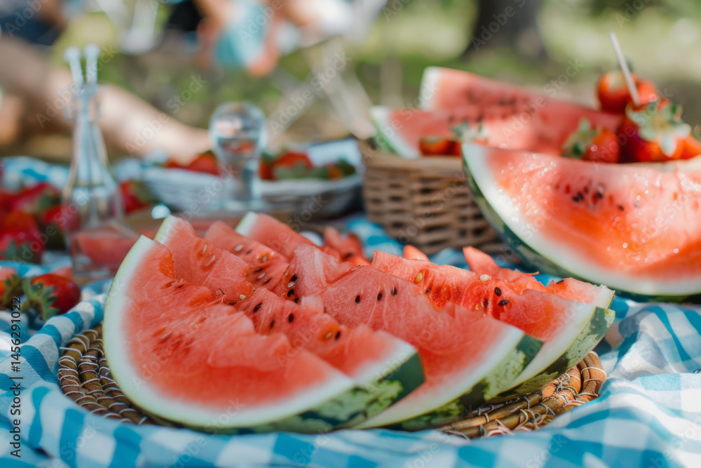 Slices of fresh watermelon on a picnic blanket in a sunny park, perfect for a summer day.
