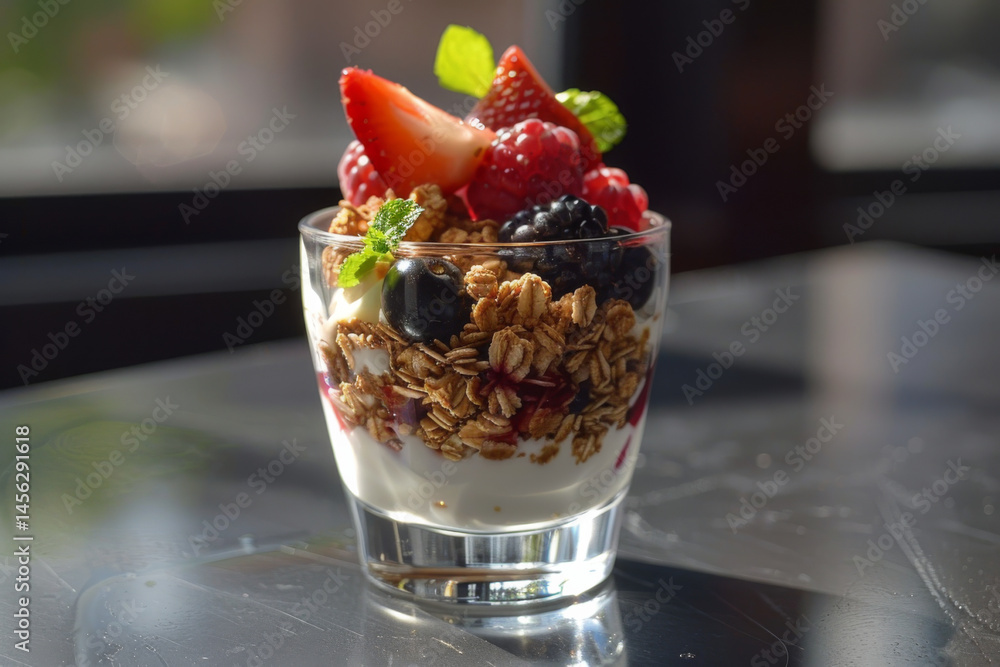 A glass of yogurt parfait with granola, fresh berries, and mint leaves on a dark background.