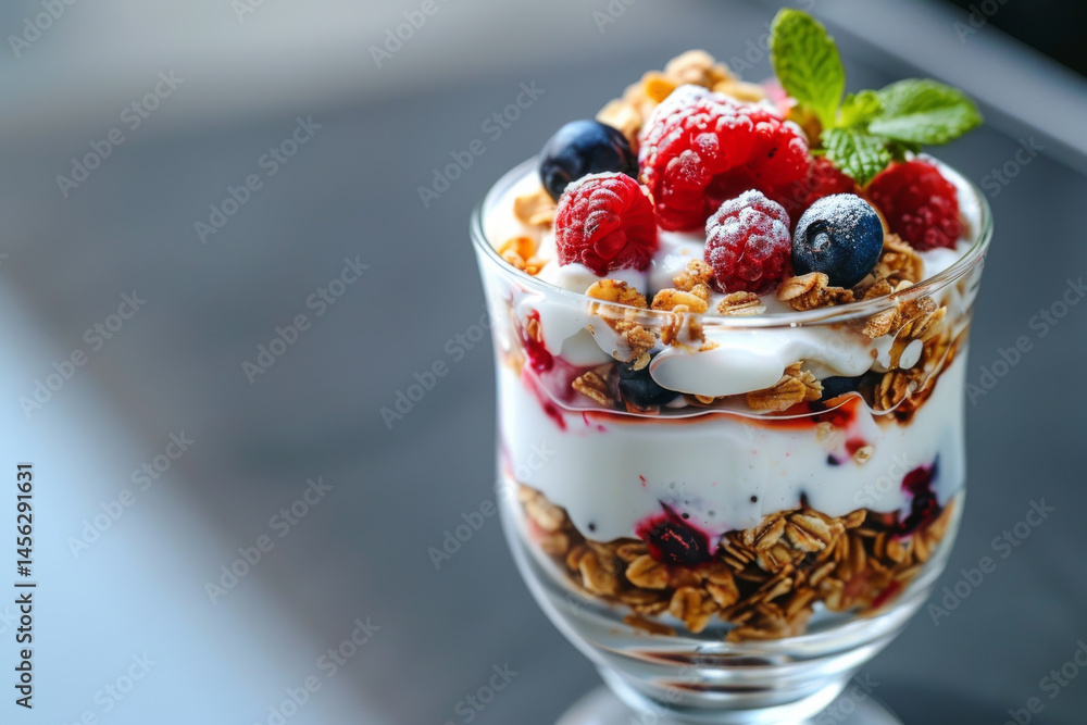 A glass of yogurt parfait with granola, fresh berries, and mint leaves on a dark background.