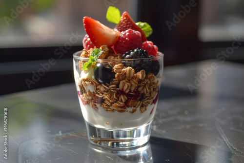 Obraz na płótnie A glass of yogurt parfait with granola, fresh berries, and mint leaves on a dark background. w salonie