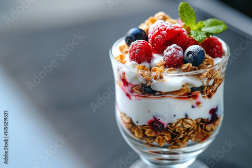 Obraz na płótnie A glass of yogurt parfait with granola, fresh berries, and mint leaves on a dark background. w salonie