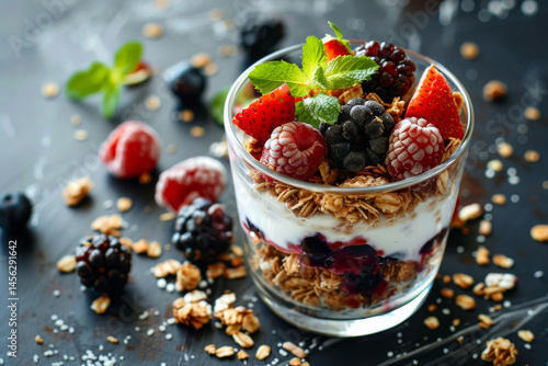 Obraz na płótnie A glass of yogurt parfait with granola, fresh berries, and mint leaves on a dark background. w salonie