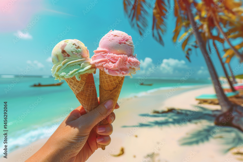A hand holding three ice cream cones on a beach with palm trees and a clear blue sky.