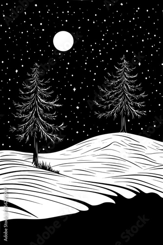 Snow Covered Slopes Under Open Sky, coloring book style, vector design