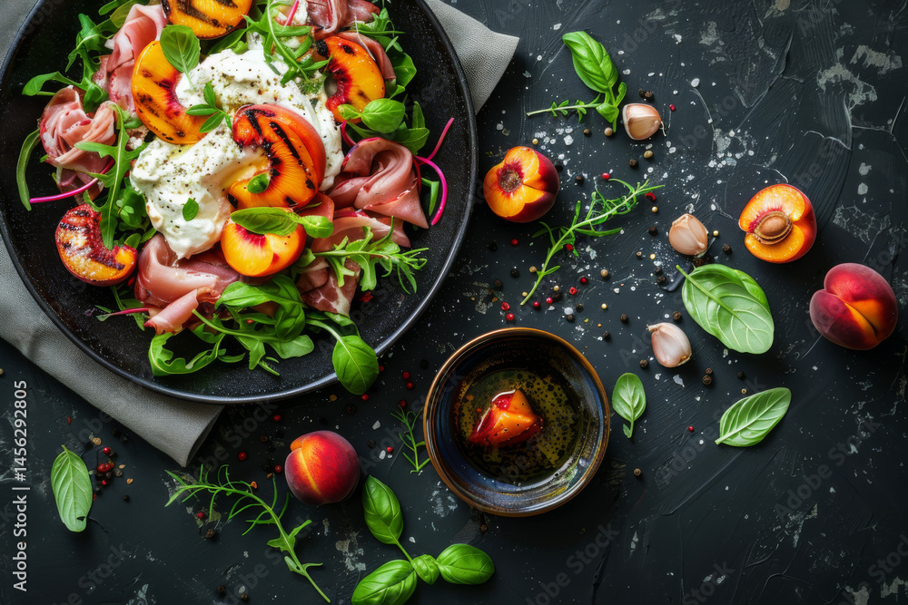 A gourmet breakfast plate with sunny side up eggs, prosciutto, peaches, and fresh greens on a dark slate background.