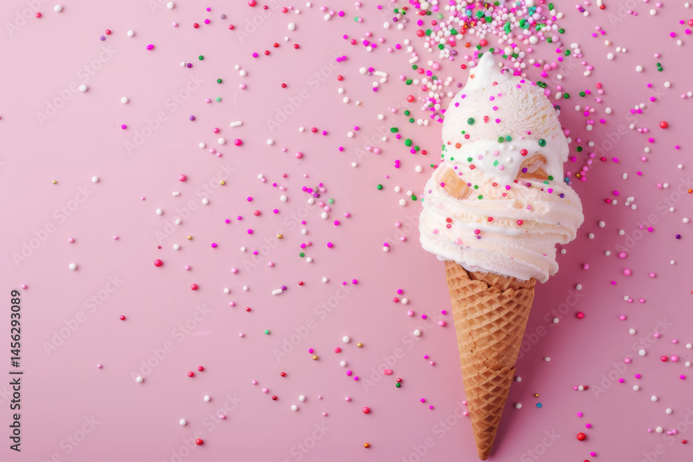 A pink soft serve ice cream cone with colorful sprinkles against a dreamy pastel blue background.