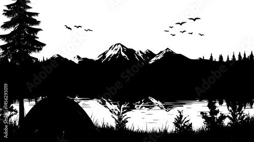Tent Pitched Beside Mountain Lake View, vector design