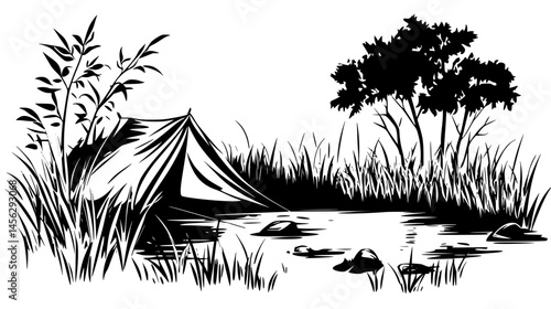 Tent Pitched Near Small Stream, vector design