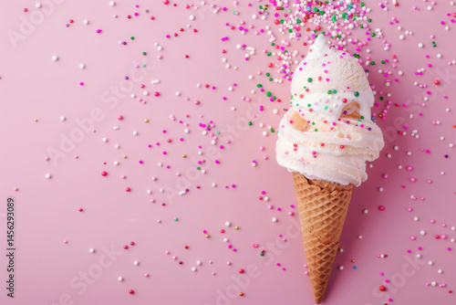 Obraz na płótnie A pink soft serve ice cream cone with colorful sprinkles against a dreamy pastel blue background. w salonie