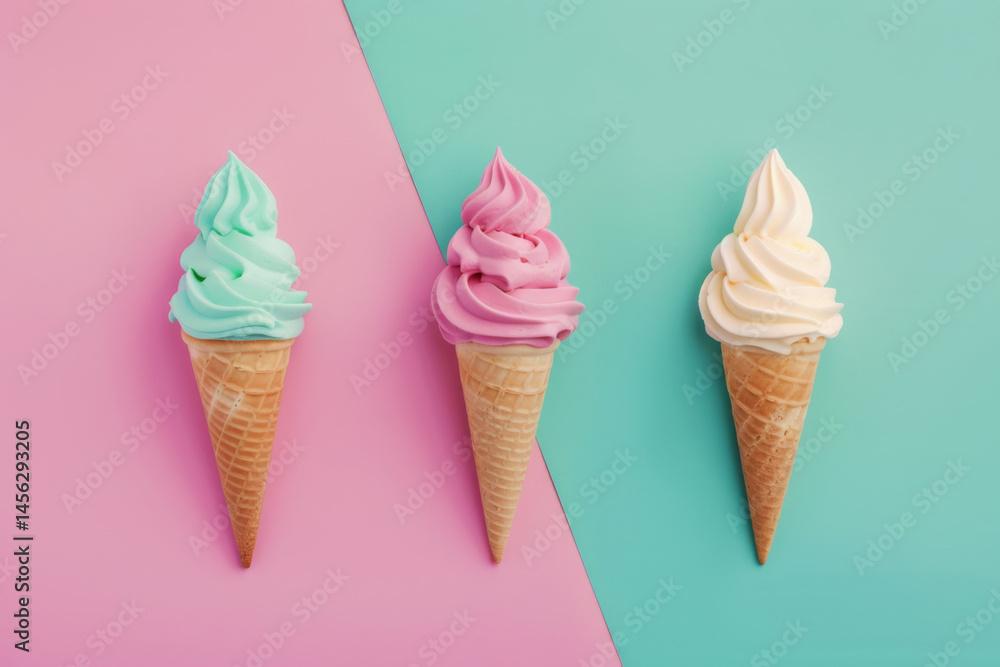 Three soft serve ice cream cones in turquoise, pink, and white colors against a split pink and turquoise background.