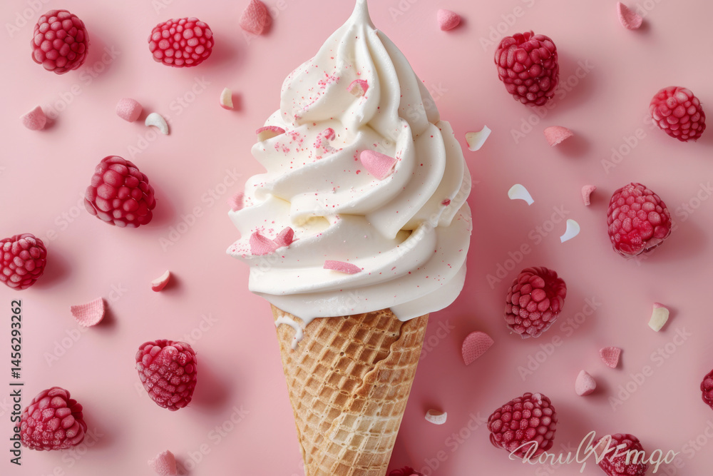 A pink soft serve ice cream cone with colorful sprinkles against a dreamy pastel blue background.