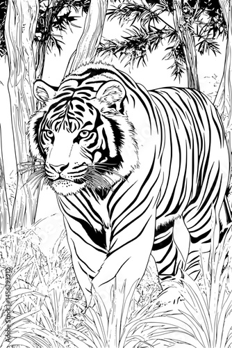 Tiger Walking Near Tall Trees, coloring book style, vector design