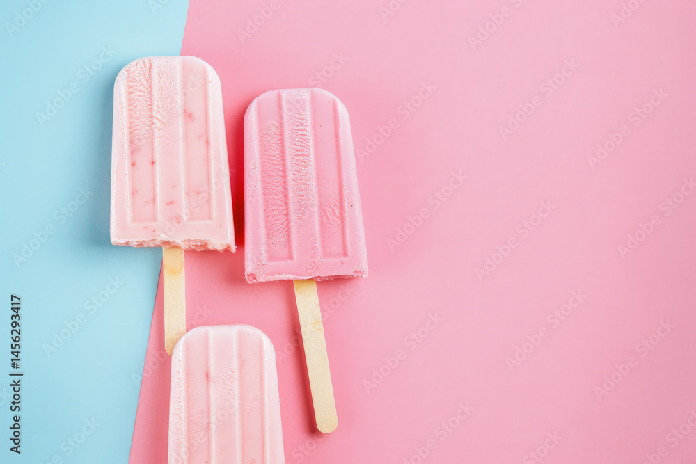 Three pink popsicles on a two-tone background with blue and pink, creating a playful and vibrant scene.