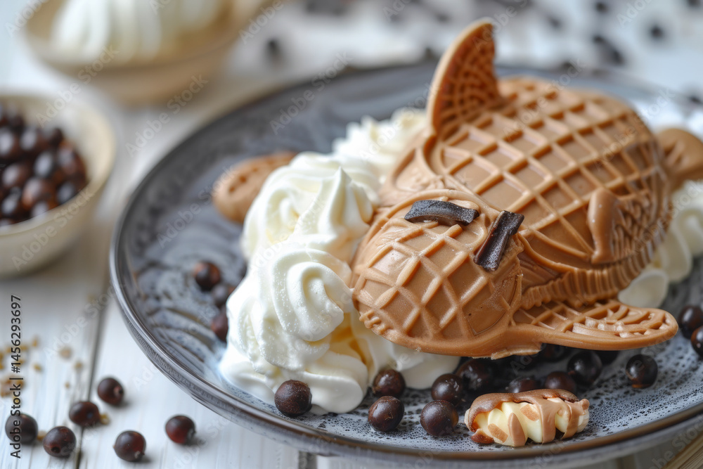 Delicious waffle cones filled with creamy ice cream, drizzled with chocolate syrup, served on a wooden tray.