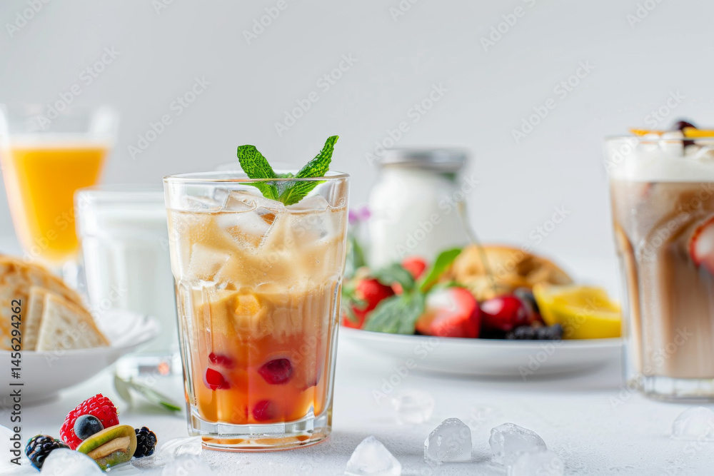 A variety of refreshing beverages, including iced coffee, fruit drinks, and milk tea, with fresh fruits and ice.