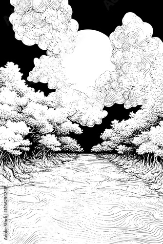 Vast Plains Meeting Distant Sky, coloring book style, vector design