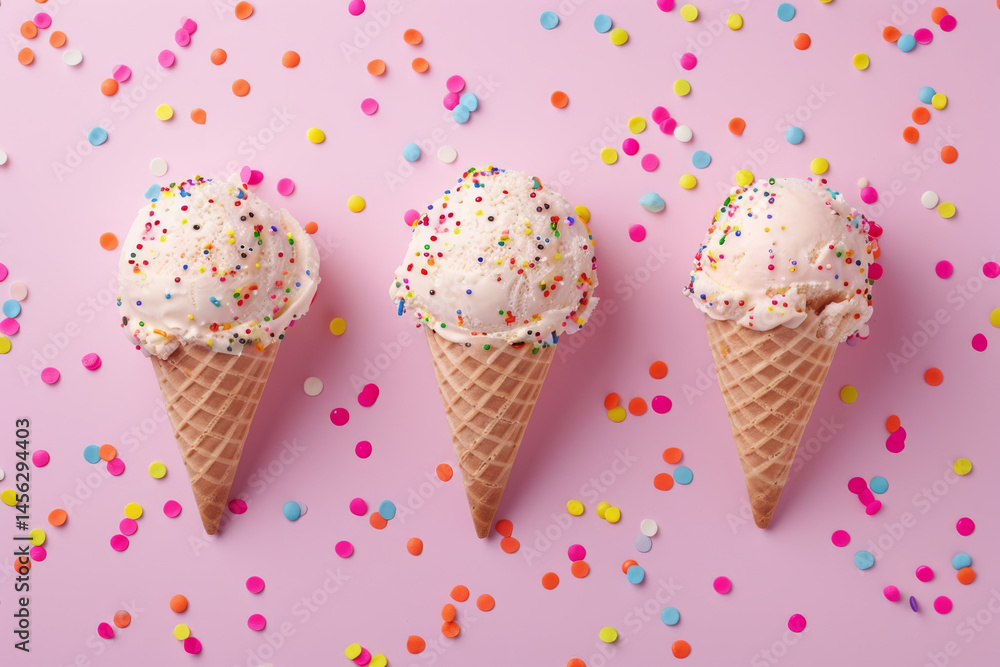 A pink soft serve ice cream cone with colorful sprinkles against a dreamy pastel blue background.